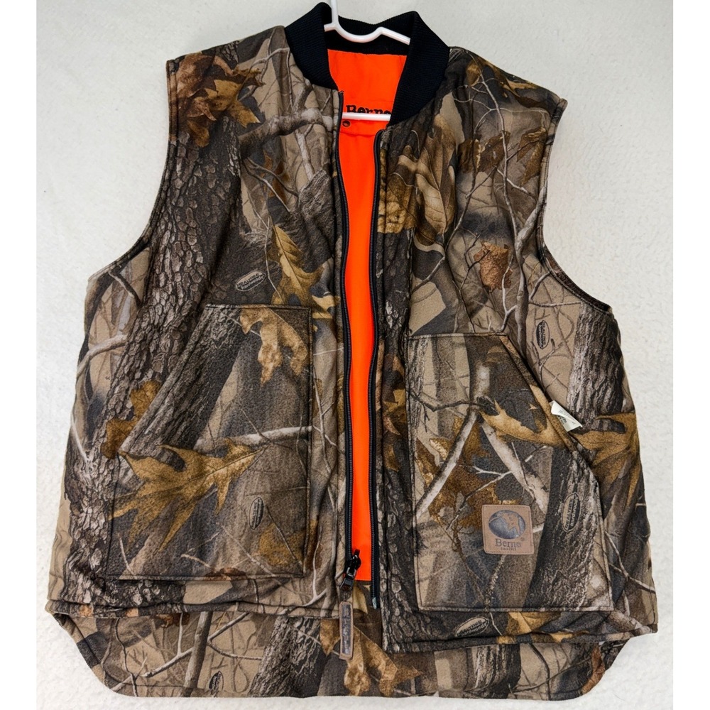 Berne Mens RealTree Hardwoods Camo Hunting Vest Reversible Safety Orange Large